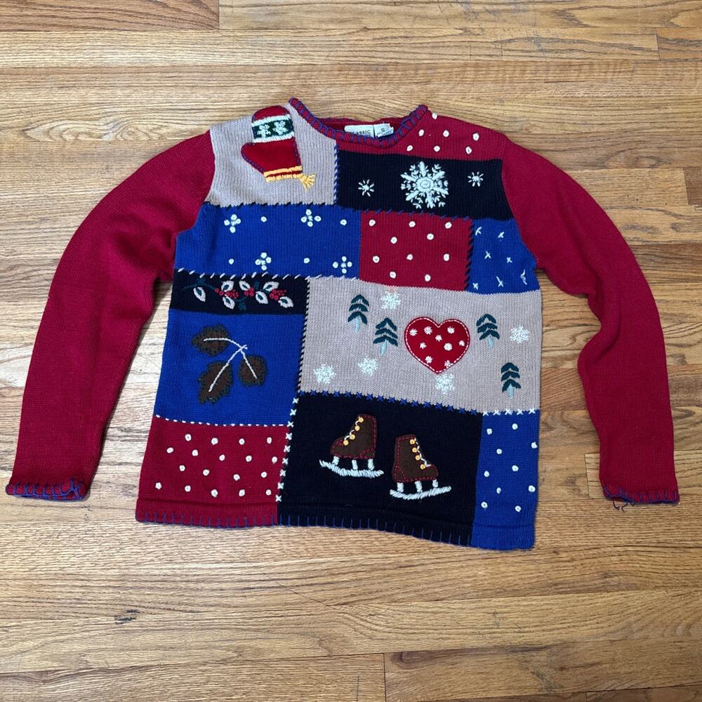 VTG Classic Elements Holiday Wool Blend Knit Sweater Christmas Patchwork Sz Sm
